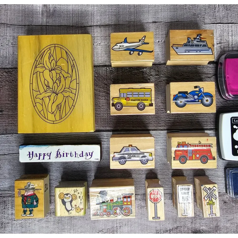 18 Piece Lot Stamp Set Stained Glass Rail Road Vehicle Ink Craft DIY GIFT
